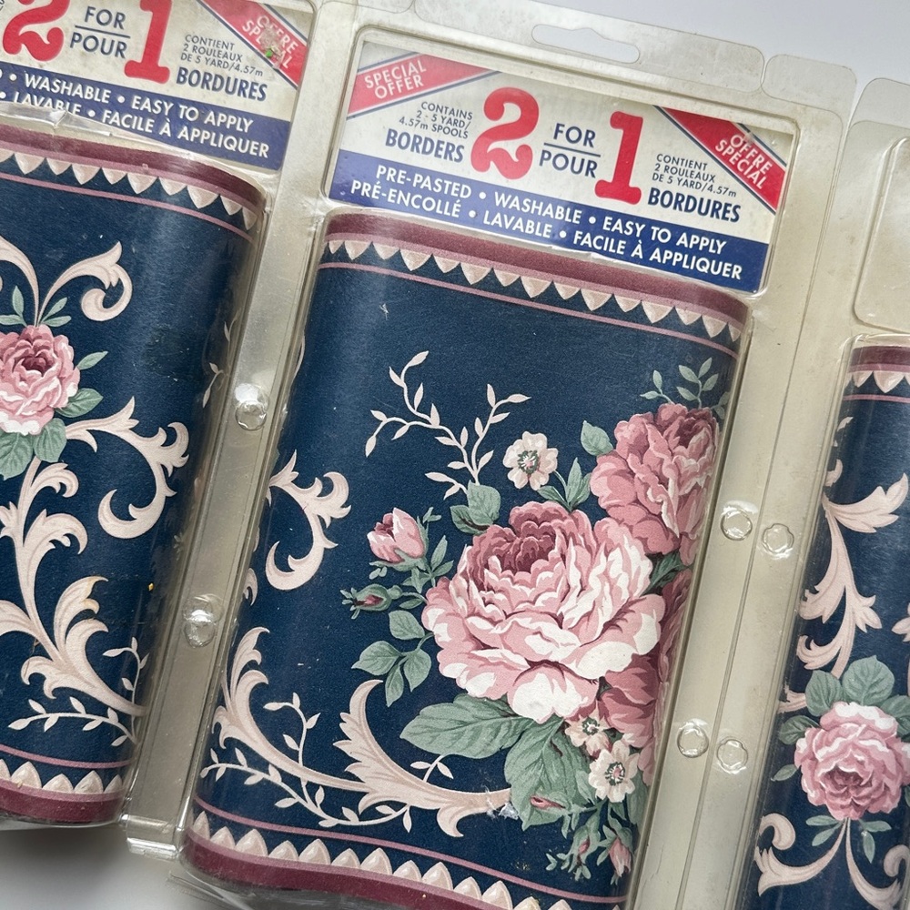 Vintage 90s Floral Wallpaper Border with Pink Flowers Deadstock 6 Rolls Total